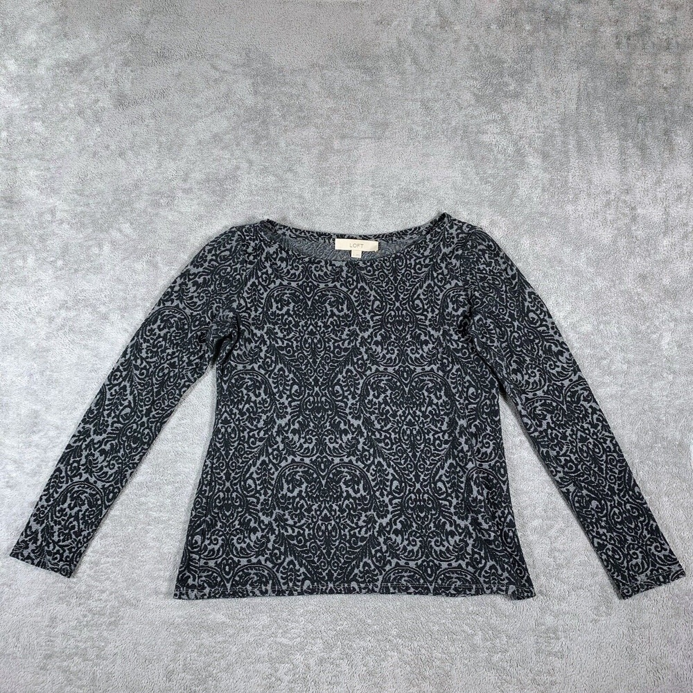 Loft Damask Textured Blouse Black Gray Size Small Womens